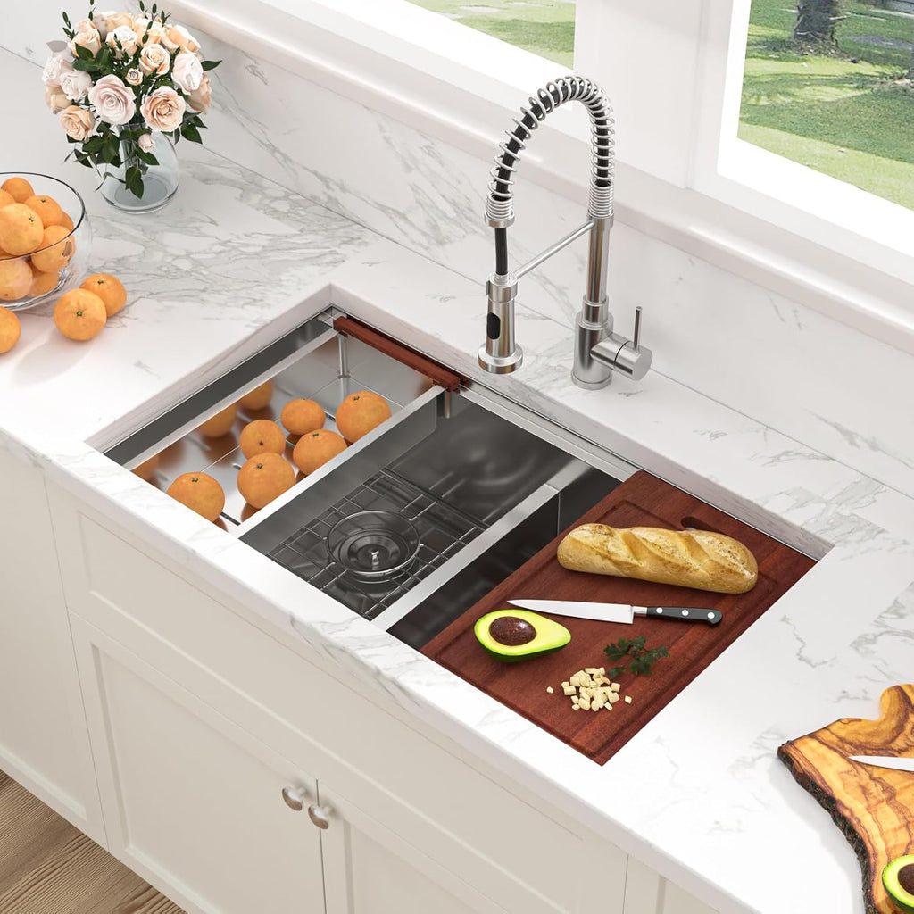 32 Undermount Kitchen Sink Double Bowl- 32x19 Inch Double Undermount Sink Stainless Steel 16 Gauge Ledge Workstation