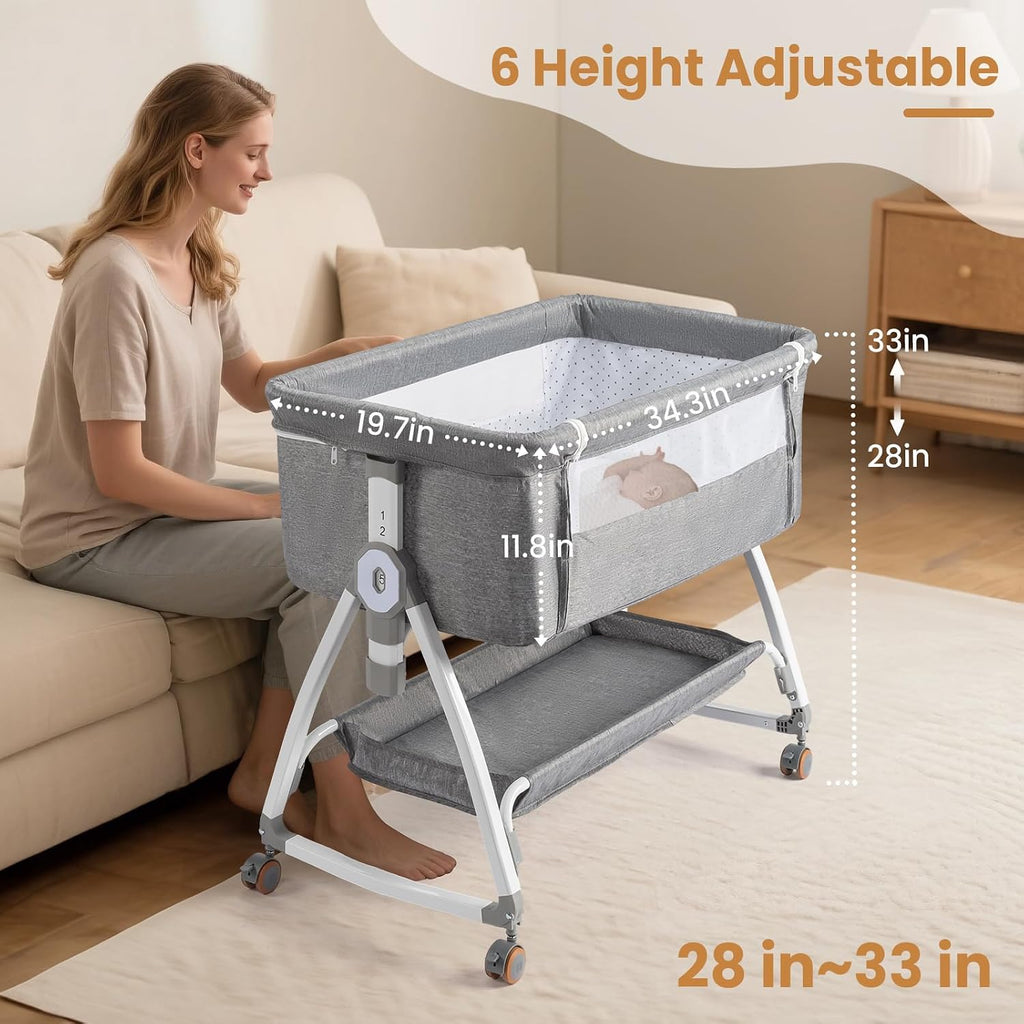 3 in 1 Baby Bassinet, Bedside Bassinet for Baby, with Comfy Mattress and Wheels, 6 Height Adjustable Easy Folding