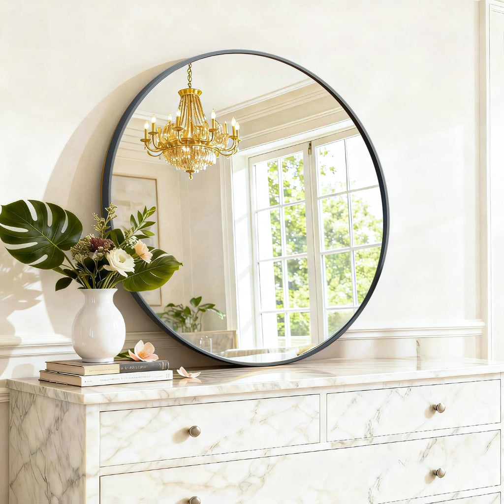 Round Wall Mirror 20 Inch Black Vanity Mirror with Metal Frame