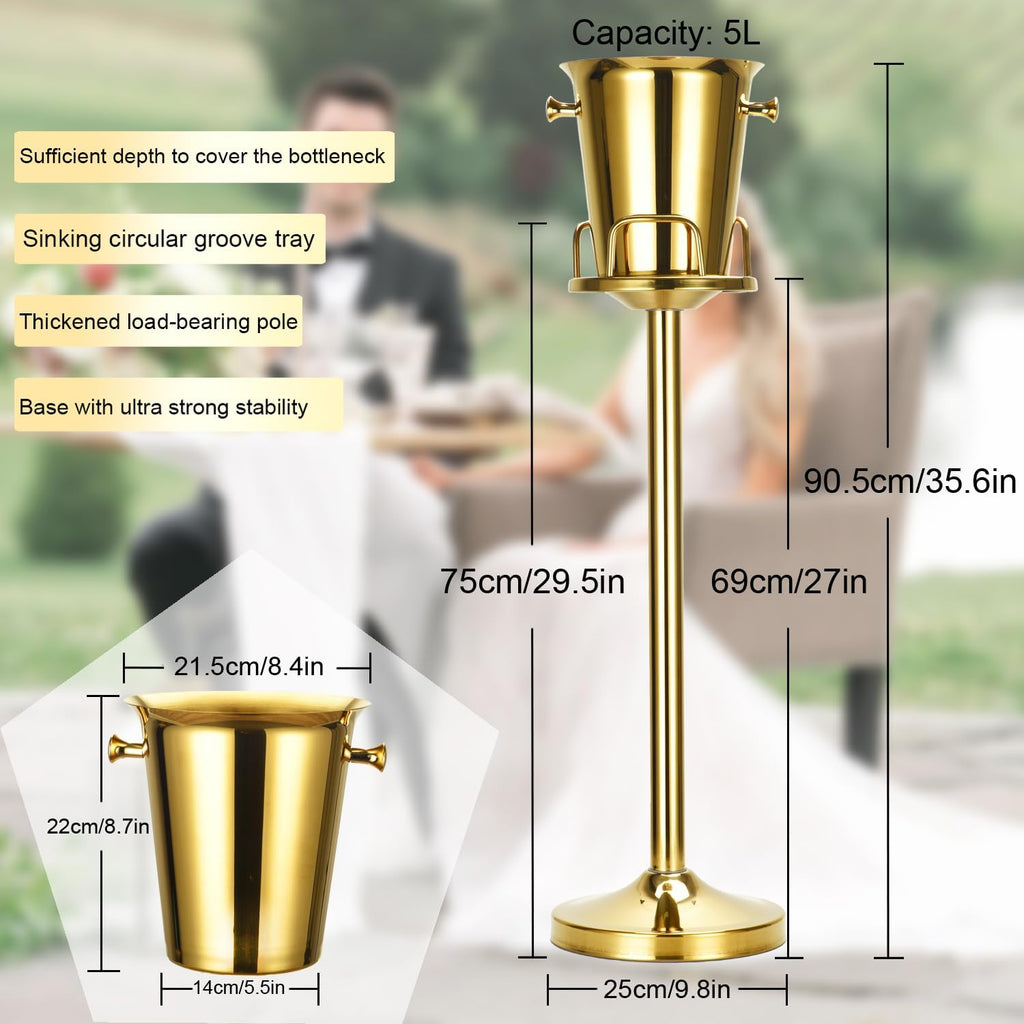 Champagne Bucket with Stand,Ice Bucket with Stand Stainless Steel Bucket Wine Chiller On Stand 12Lb Hammered Tall Ice - Set of 2