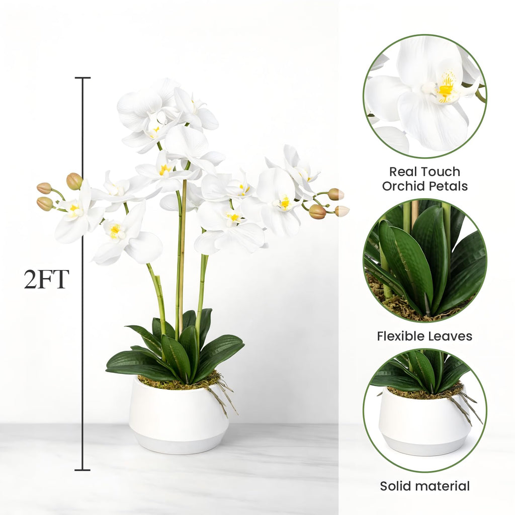 Artificial Orchid Flower Potted, 2FT White Real Touch Orchid Artificial Flowers with 4 Stems Artificial Phalaenopsis