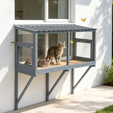 Cat Window Box Catio, Outdoor Cat Enclosure with Clear Panels, Grey