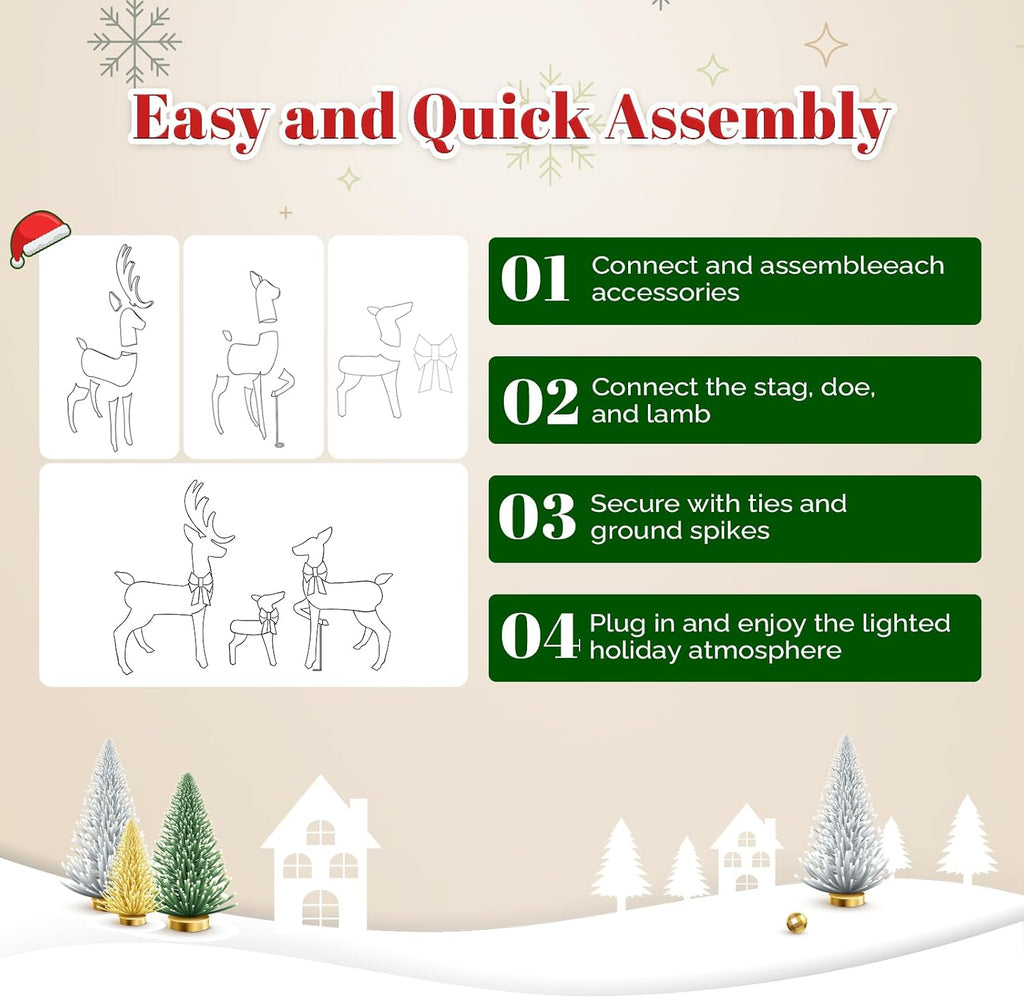 3-Piece Lighted Golden Christmas Reindeer Family Set, 5FT White Buck Doe Fawn Outdoor Decorations, Weatherproof Deer