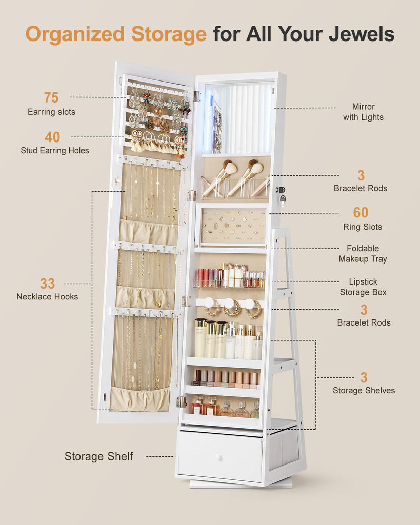 Jewelry Storage Organizer, 2 Drawers, Full-Length Standing Mirror