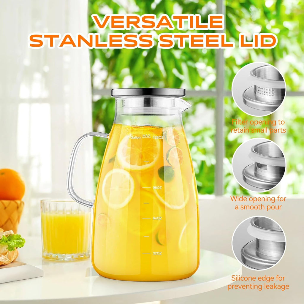 1 Gallon 128oz Glass Pitcher, Water Pitcher with Lid and Spout, Glass Carafe for Hot/Cold Drink, Water Jug for Iced