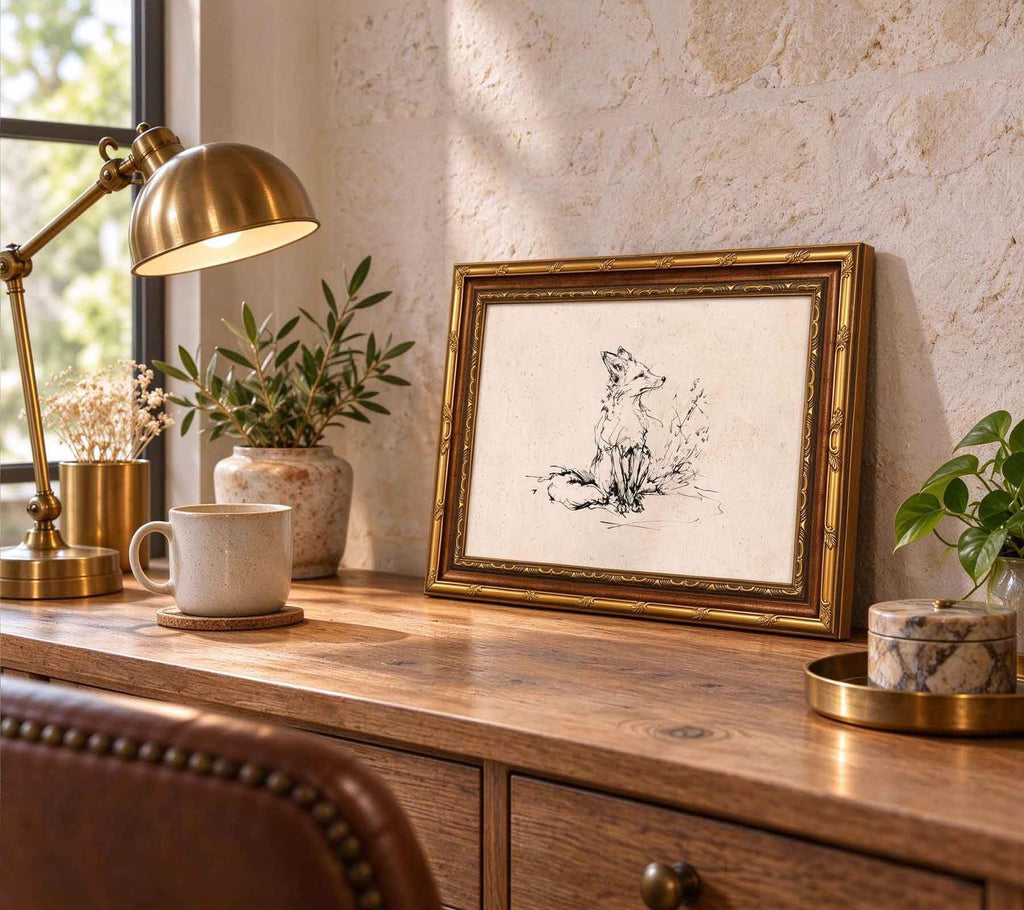 Vintage Fox Canvas Wall Art, Gold Framed Fox Sketch Print