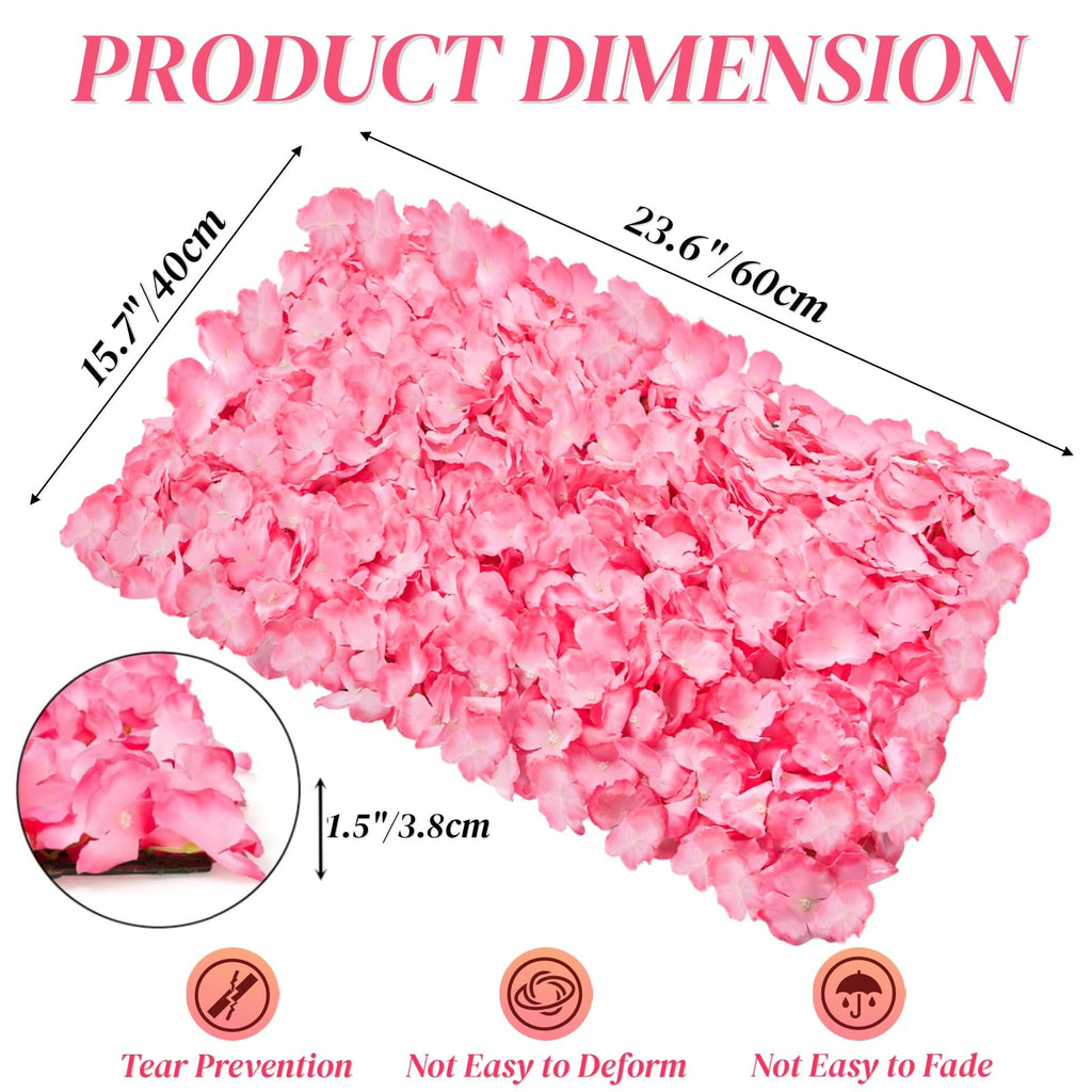4 Pack 24"x16" Flower Wall Panel Set, Artificial Flower Backdrop, 3D Silk Pink Hydrangea Floral, Wall Decorative Faux