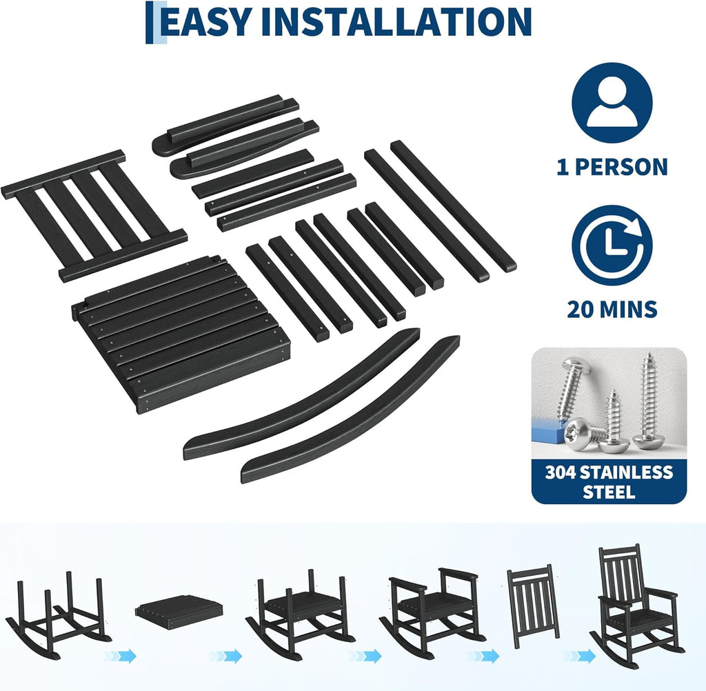 HDPE Rocking Chair Outdoor Set of 2 with Side Table, High Back Rocker | All Weather Resistant & Wood Textured