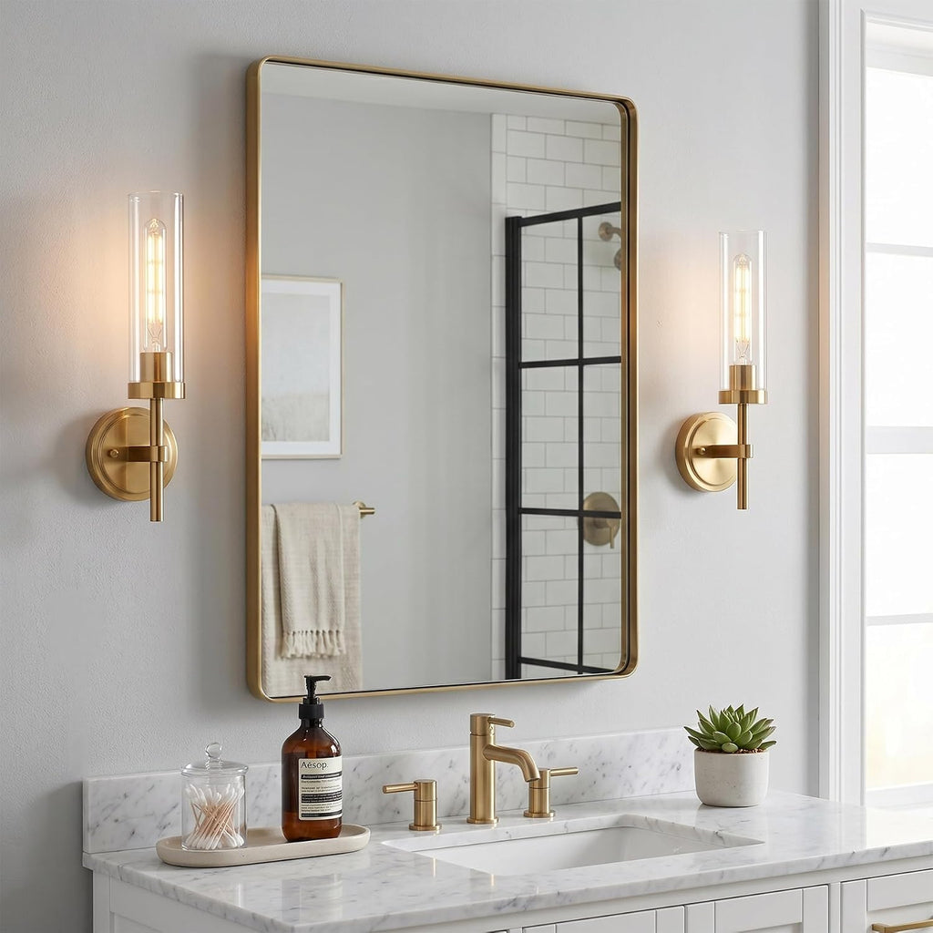 Hardwired Gold Wall Sconces Set of 2, Modern Bathroom Sconces Wall Lighting Vanity Light Fixtures with Clear Glass