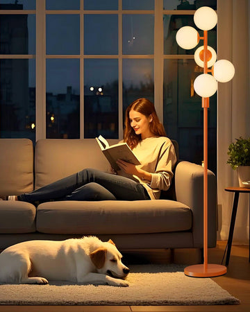 64IN Dimmable Orange Floor Lamp, Tall Standing Lamps with 5 Globe Soft Warm White Eye Care 3000K G9 Bulbs, Mid