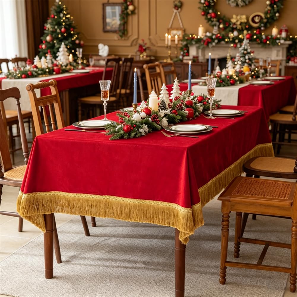Rectangular Velvet Tablecloth, Vibrant Red Velvet with Luxurious Gold Tassel Fringe, Heavy‐Thick Table Cover for