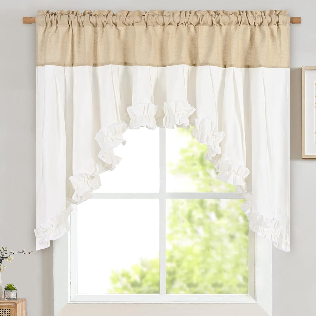 Linen and White linen ruffle swag valance 60W x 36L - Casa Home Living