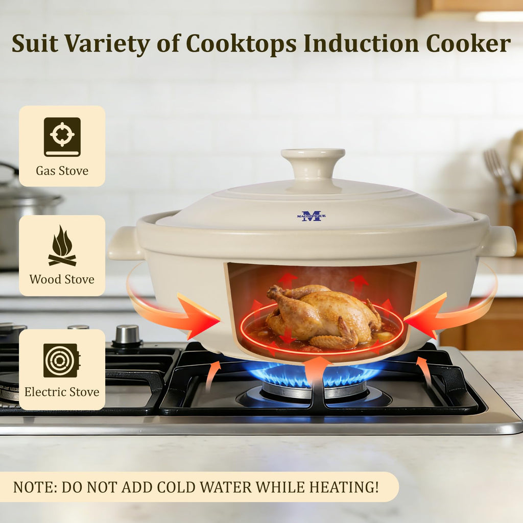 5 Quart Flami Pot with Lid, Natural Clay Pot for Cooking, Non-Toxic PFAS-Free Casserole Dish for Oven & Stovetop