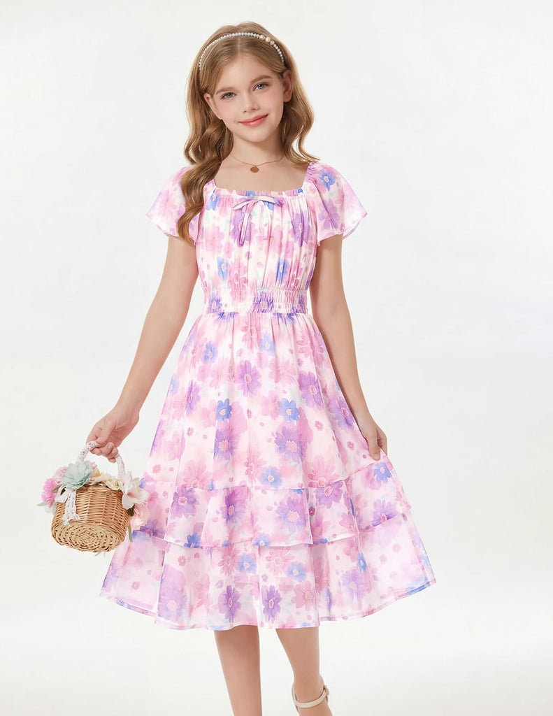 Girls Floral Summer Dress Flutter Sleeve Square Neck Midi Casual Dress for Girl
