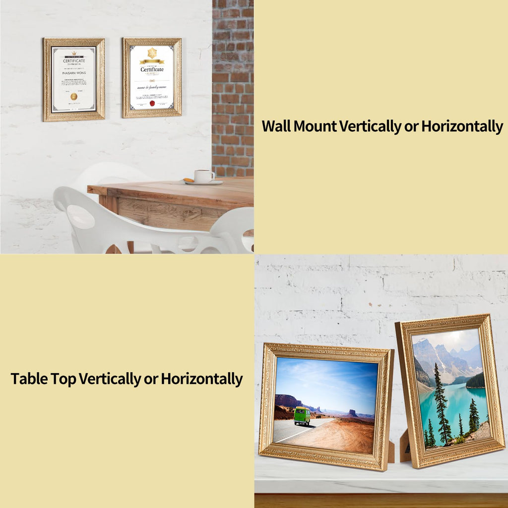 8.5 x 11 Picture Frames Set of 2, Vintage Gold 8.5 x 11 Diploma Certificate Frame for Tabletop or Wall Display