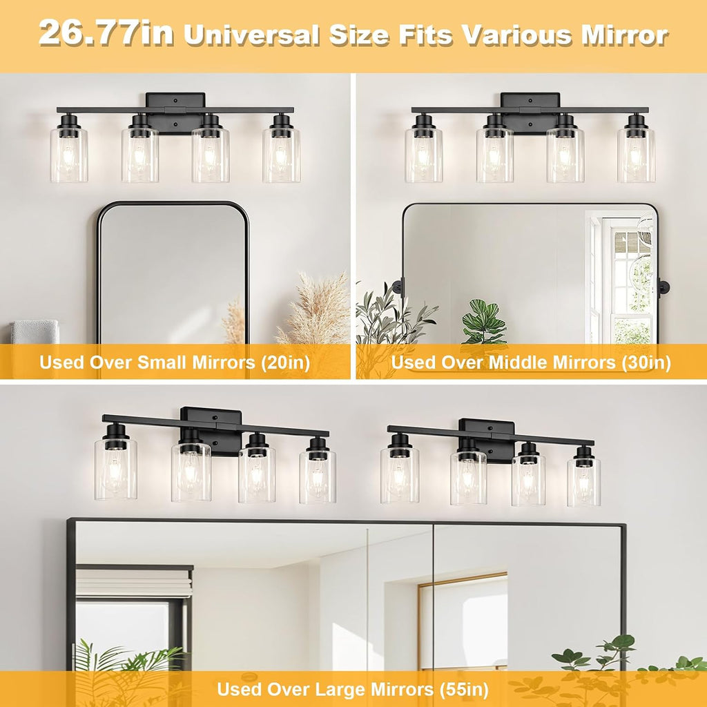 Modern Black Bathroom Light Fixtures, 4-Light Vanity Lights Over Mirror with E26 LED Bulbs Included, Wall Sconce with
