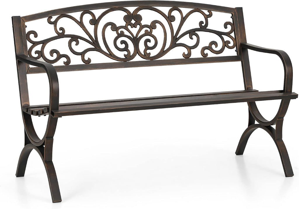 Metal Outdoor Bench Classic Floral Pattern, 50" Bronze | Cast Iron Metal Garden Benches for Outdoors, Front Porch