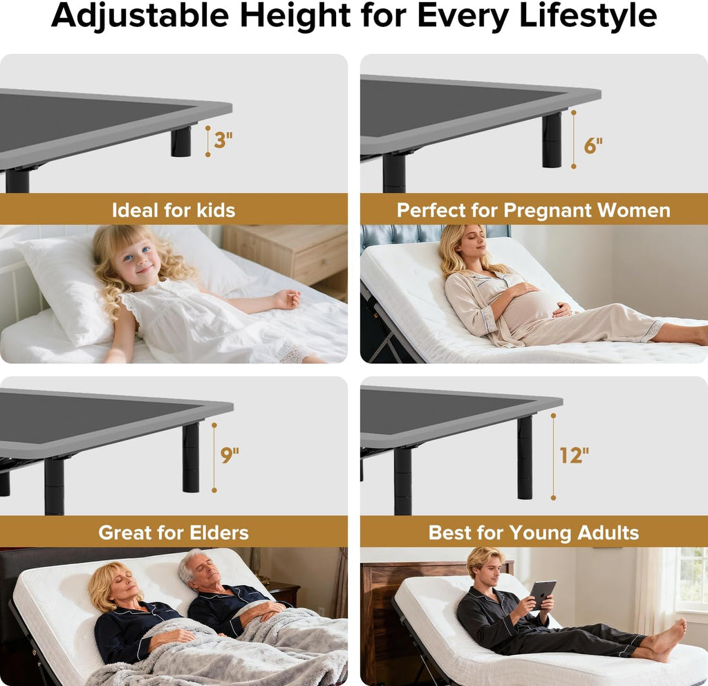 Queen Adjustable Bed Frame with Massage Head & Foot Incline, Wireless Remote, USB Ports & LED Night Light - Sturdy