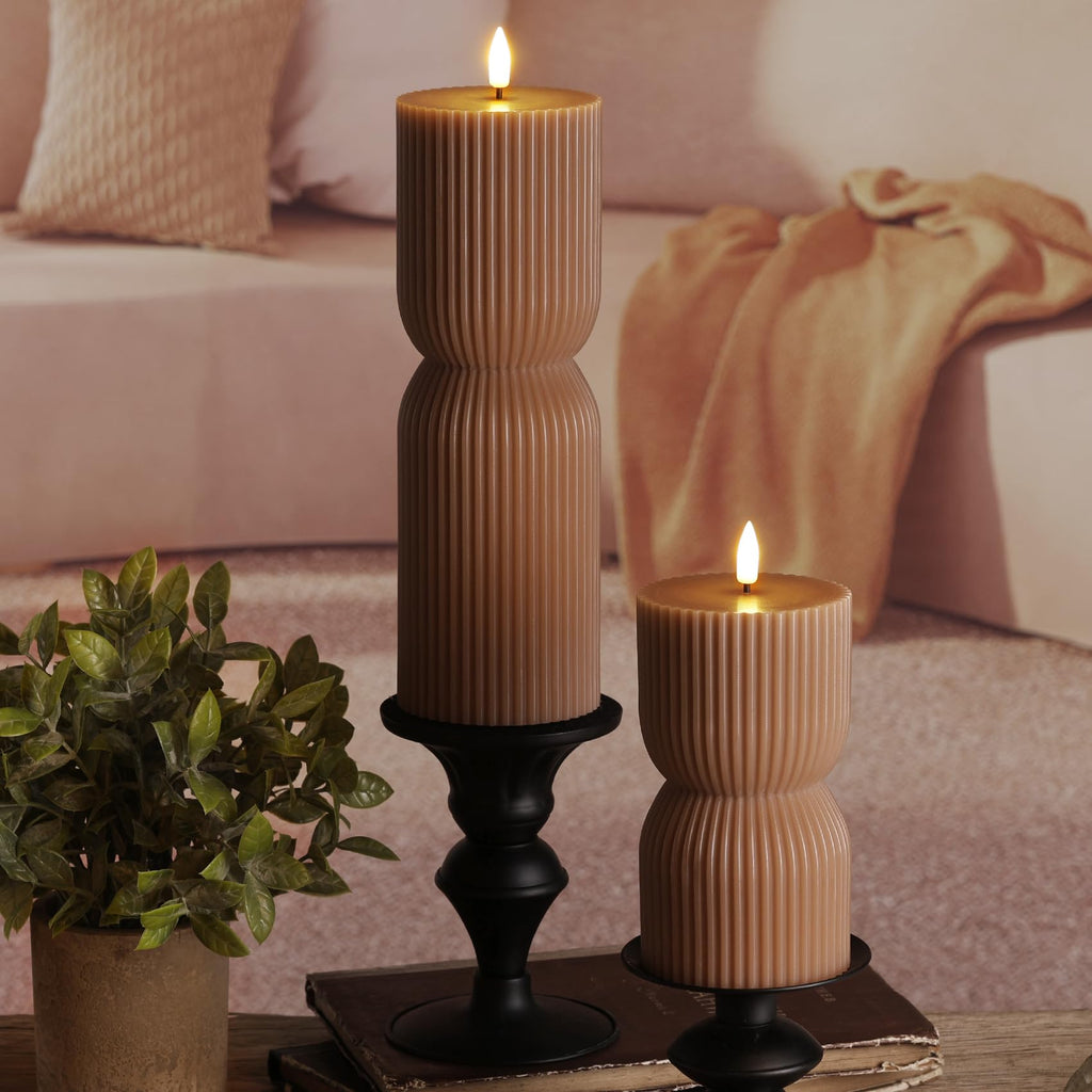 Brown Ribbed Fall Flameless Pillar Candles with Remote Set of 2