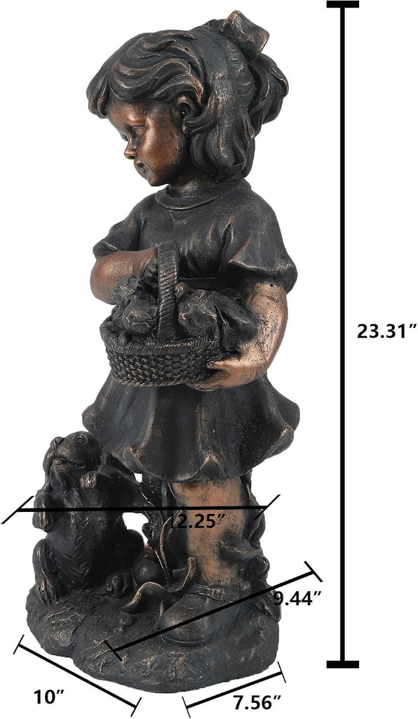 LuxenHome Garden Decor Statue,23" Fiber Stone Girl and Puppy Outdoor Statue | Bronze Garden Sculpture, Outdoor Art