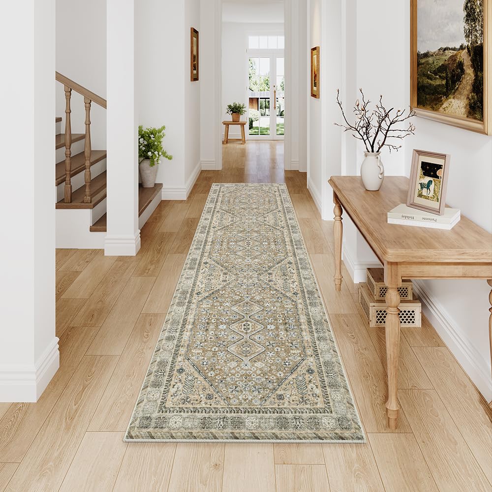 2'x8' Beige Brown Runner Rug, Washable Carpet