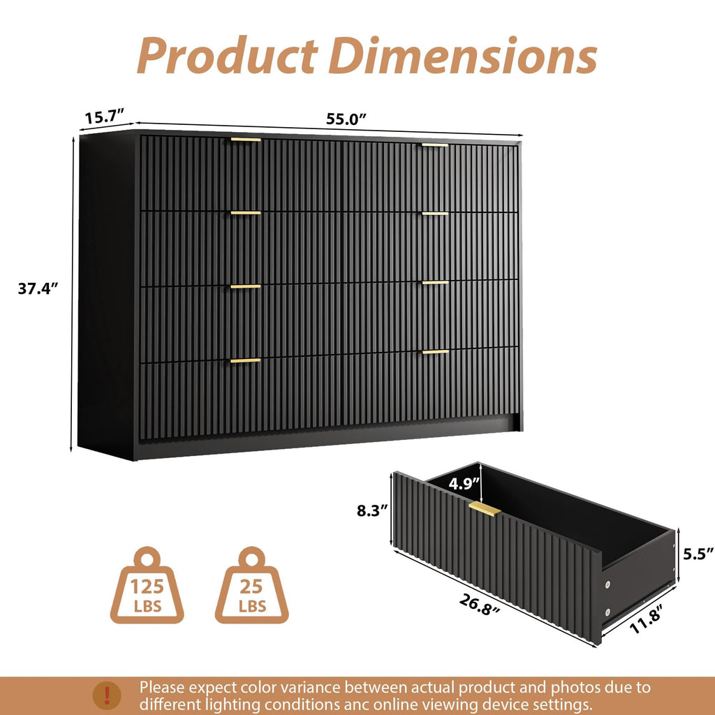 55" Wide Fluted 8-Drawer Double Dresser, Black