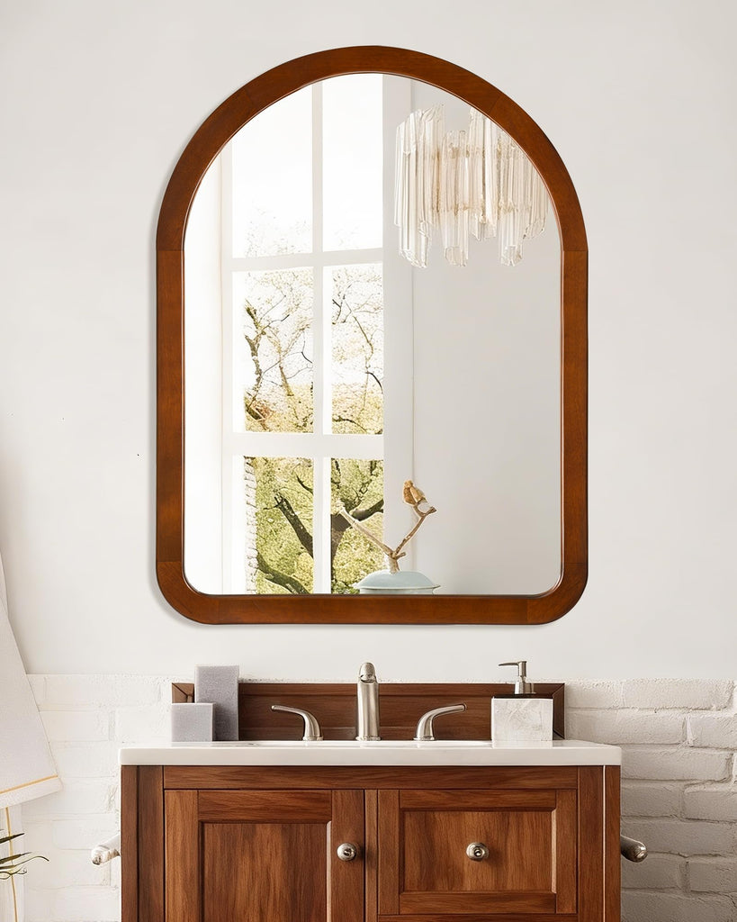 Arched Mirror 30 x 40 Inch, Walnut Brown Wood Rustic Bathroom Tempered Wall Mirror with Wood Frame, Round Corner Arch