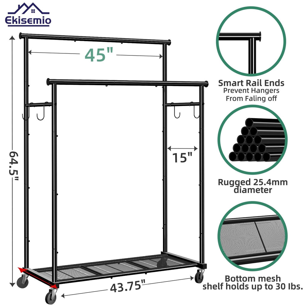 Double Rods Clothes Rack with Wheels Load 400 LBS, 45 Inch Rolling Clothing Rack for Hanging Clothes, Heavy Duty