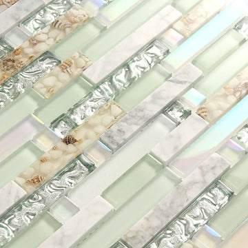Beach Style Wall Tile Mosaic Kitchen Backsplash Green Bathroom Silver Glass Conch Stone White Marble Iridescent