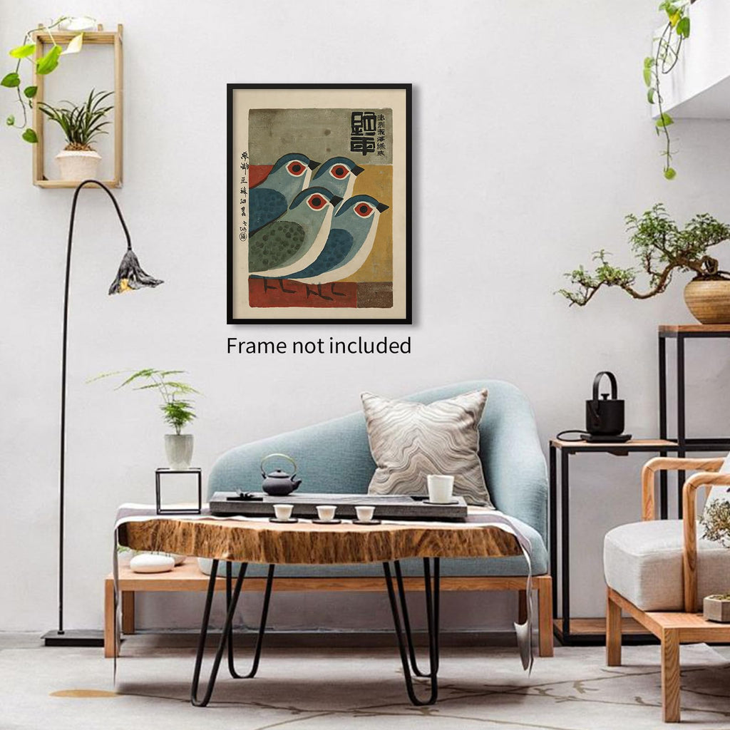 Mid Century Japanese Bird Wall Art Retro Blue Bird Canvas Poster Modern Minimalist Abstract Animal Prints Bedroom