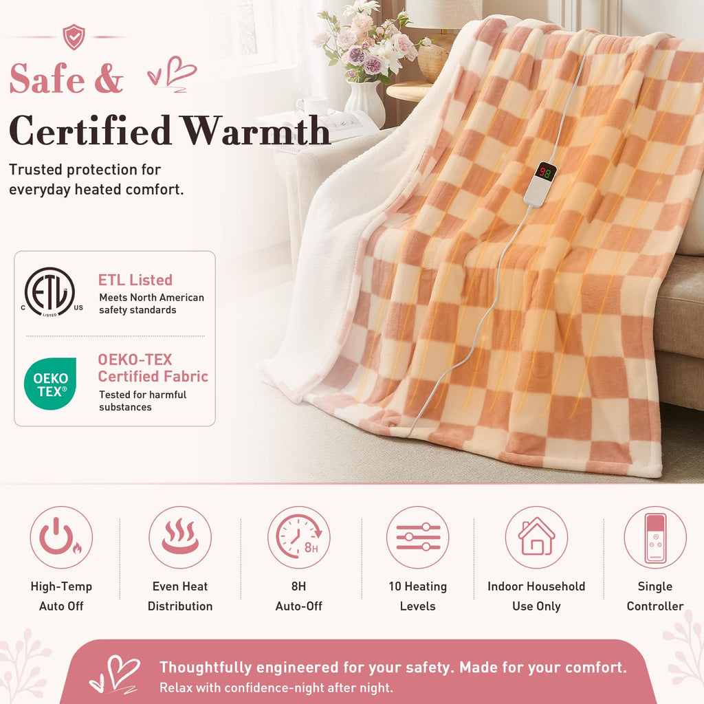 Pink Heated Blanket Electric Throw 50"X60", Heating Blanket Throw