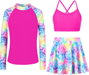 Girls Rash Guard Swimsuit 3 Piece Long Sleeve Bathing Suit Tankini with Skirt