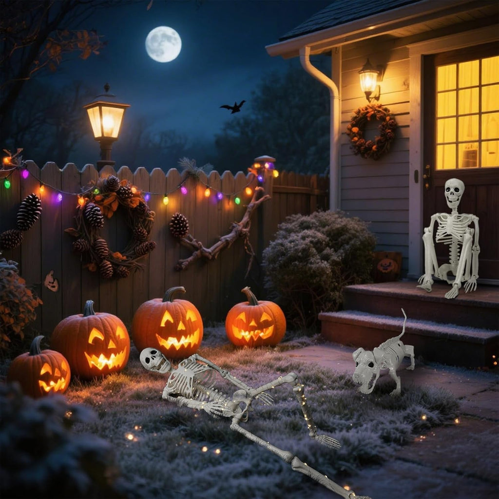 Lighted Human & Dog Skeleton Halloween Decorations Outdoor/Indoor - 36 Inch Realistic Full Body Movable Posable