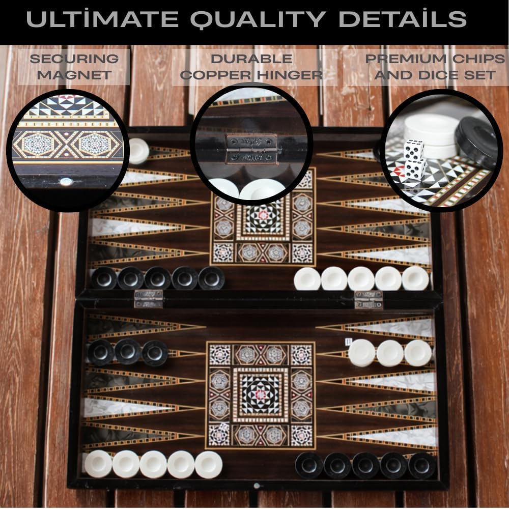 Park&Oz Pearl Premium Turkish Backgammon and Checkers Set 19 Inch Handmade 2 in 1 Wooden Board Game with Glossy