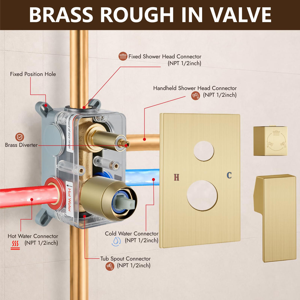 Rain Shower System with Tub Spout,10 Inch Brushed Gold