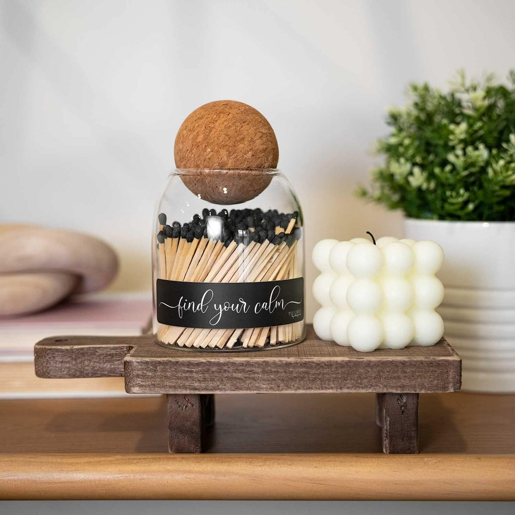 Find Your Calm Cute Glass Match jar Cloche | Approx 135 Decorative Wooden Black tip Matches for Candles & décor - Set of 135
