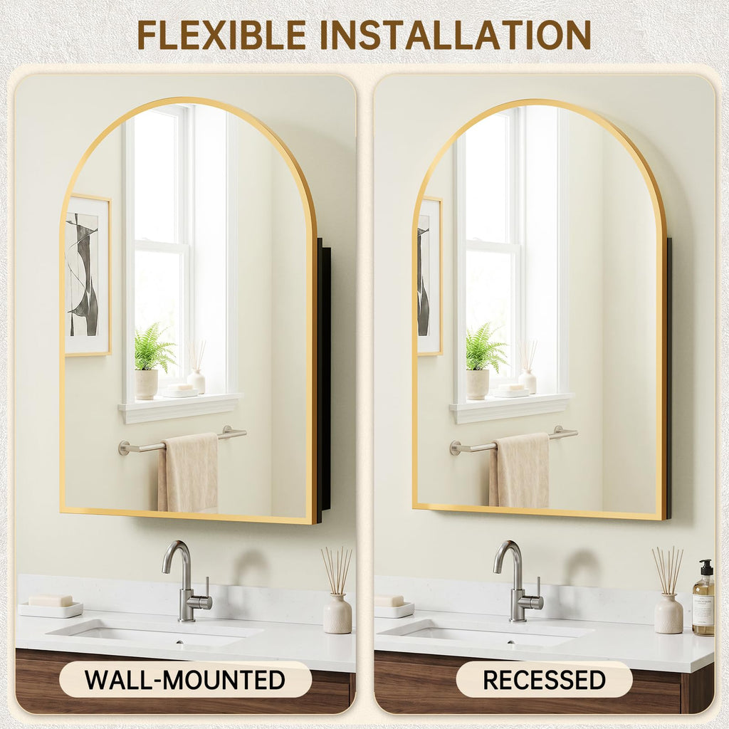 Arched Recessed Medicine Cabinet with Mirror, Bathroom Mirror Storage, Gold