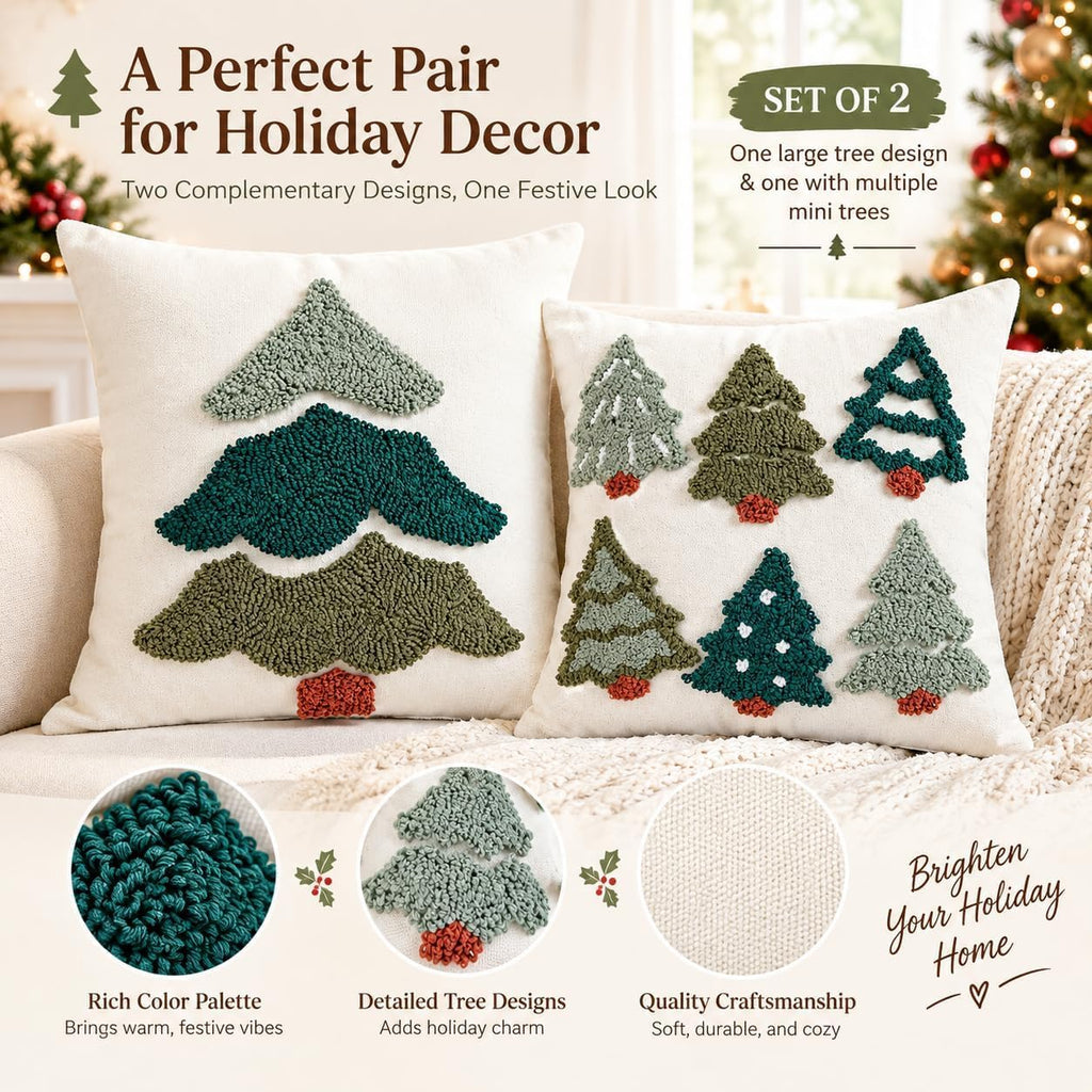 Christmas Tree Pillow Covers 18x18 Inch, Tufted Embroidery, 2 Pack