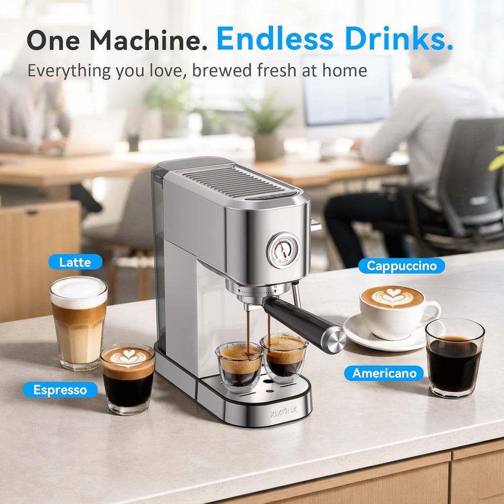 Espresso Machine with Milk Frother for Cappuccino & Latte | 20-Bar Pump, Built-in Pressure Gauge, Powerful Steam