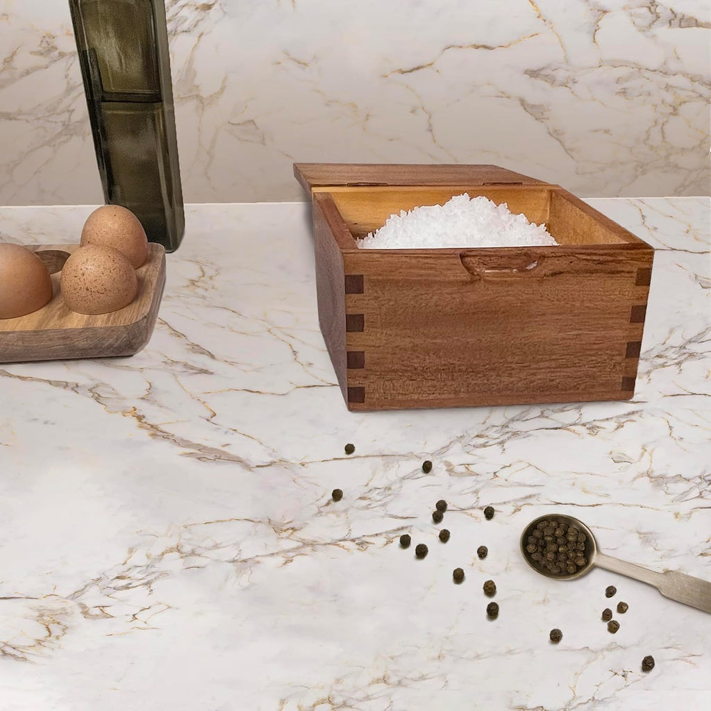 Acacia Wood Salt Cellar with Flip Lid, 20 oz Large Salt Box Counter, Salt Keeper for Gourmet Salts, Spices - Set of 20