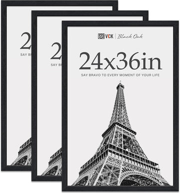 24x36 Poster Frame 3 Pack, Black Oak Wood Wide Border, for Picture | Light Woodgrain, Wall Hanging, HD Plexiglass