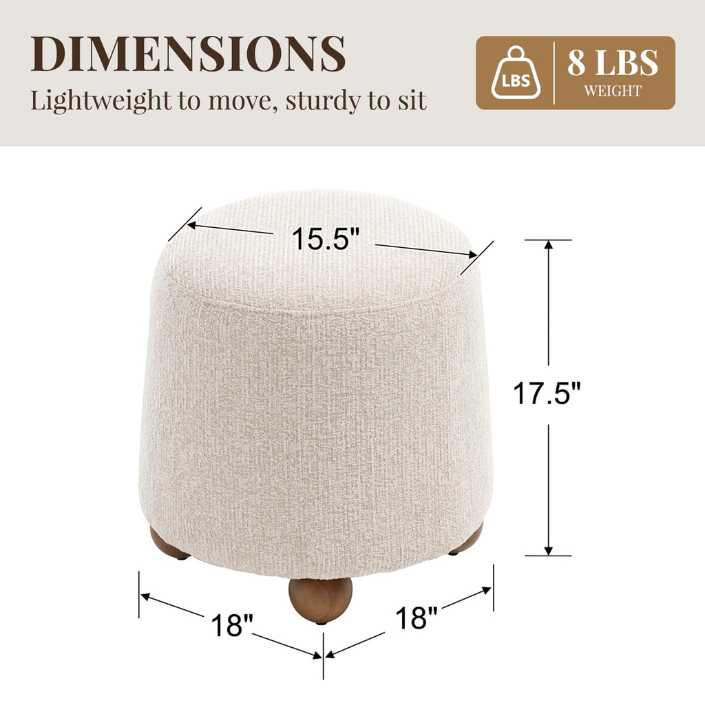 Round Ottoman Linen Foot Stool with Rubberwood Legs