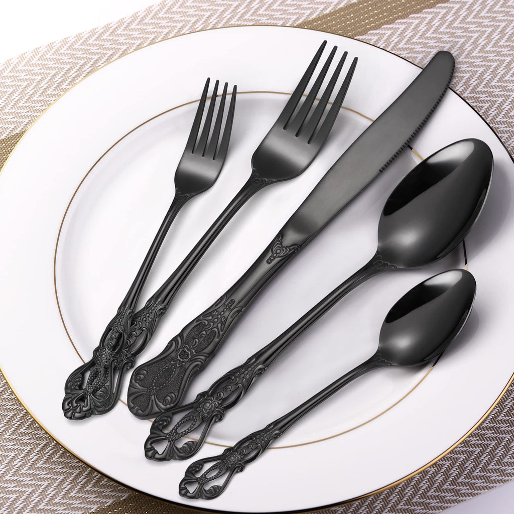 Gorgeous Retro Royal Black Silverware Set For 8, 40 Pieces Flatware Service 8, Stainless Steel Anti-rust Dark Fine