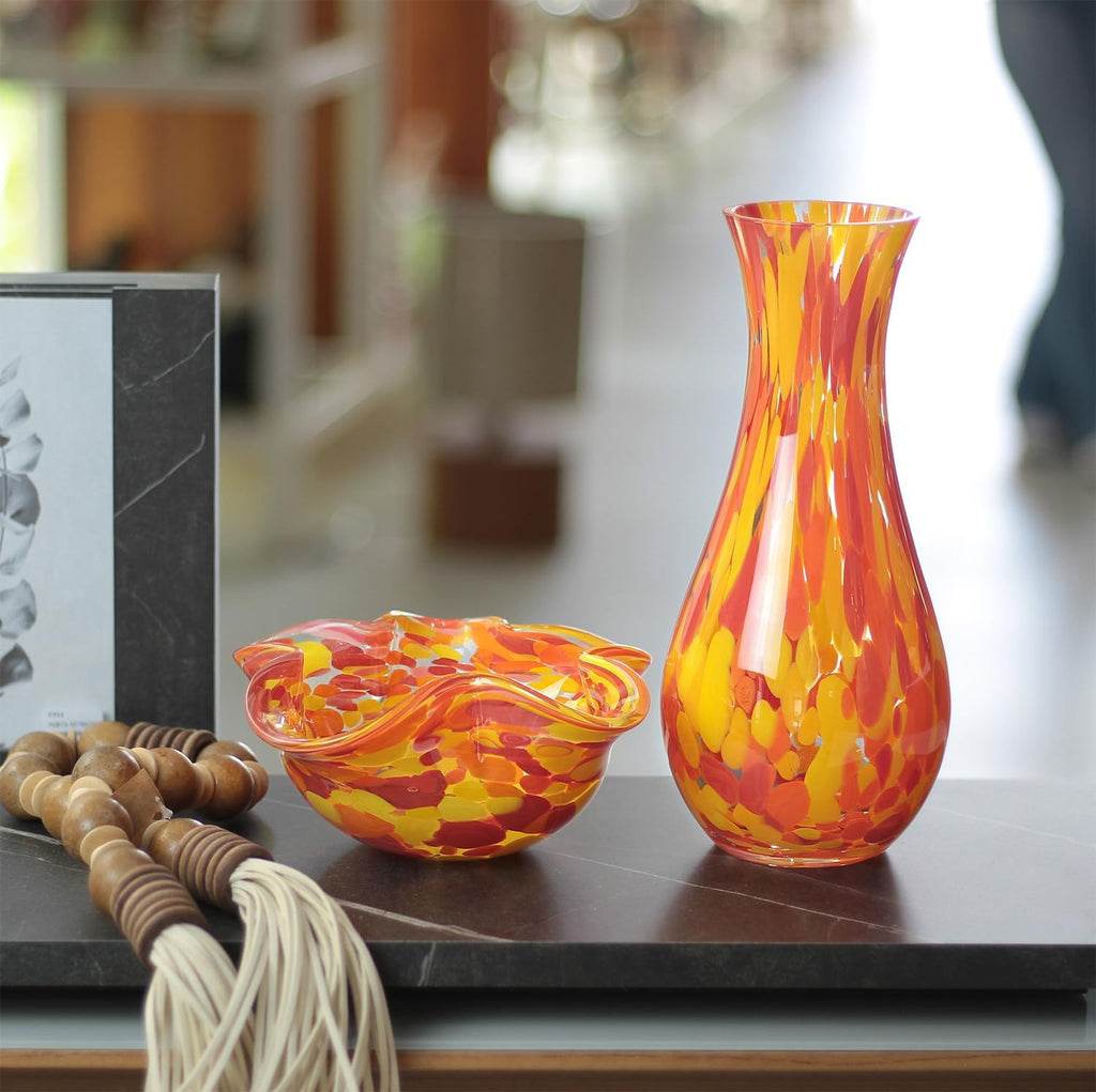 Murano Style Decorative Orange Glass Bowl Confetti Effect Hand Blown Art Glass Crystal, Room Decoration