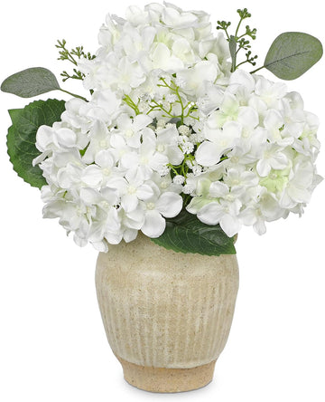 Artificial White Hydrangea in Pot with Vintage Ceramic Vase, Potted Hydrangea Arrangement - Faux Flower Centerpiece