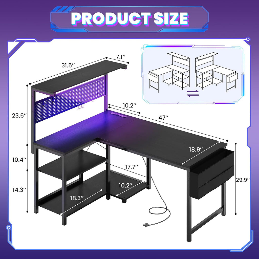 47in L Shaped Gaming Desk with Pegboard & Shelf & Storage Bag, Black | LED Light, Power Outlet, Reversible Gaming