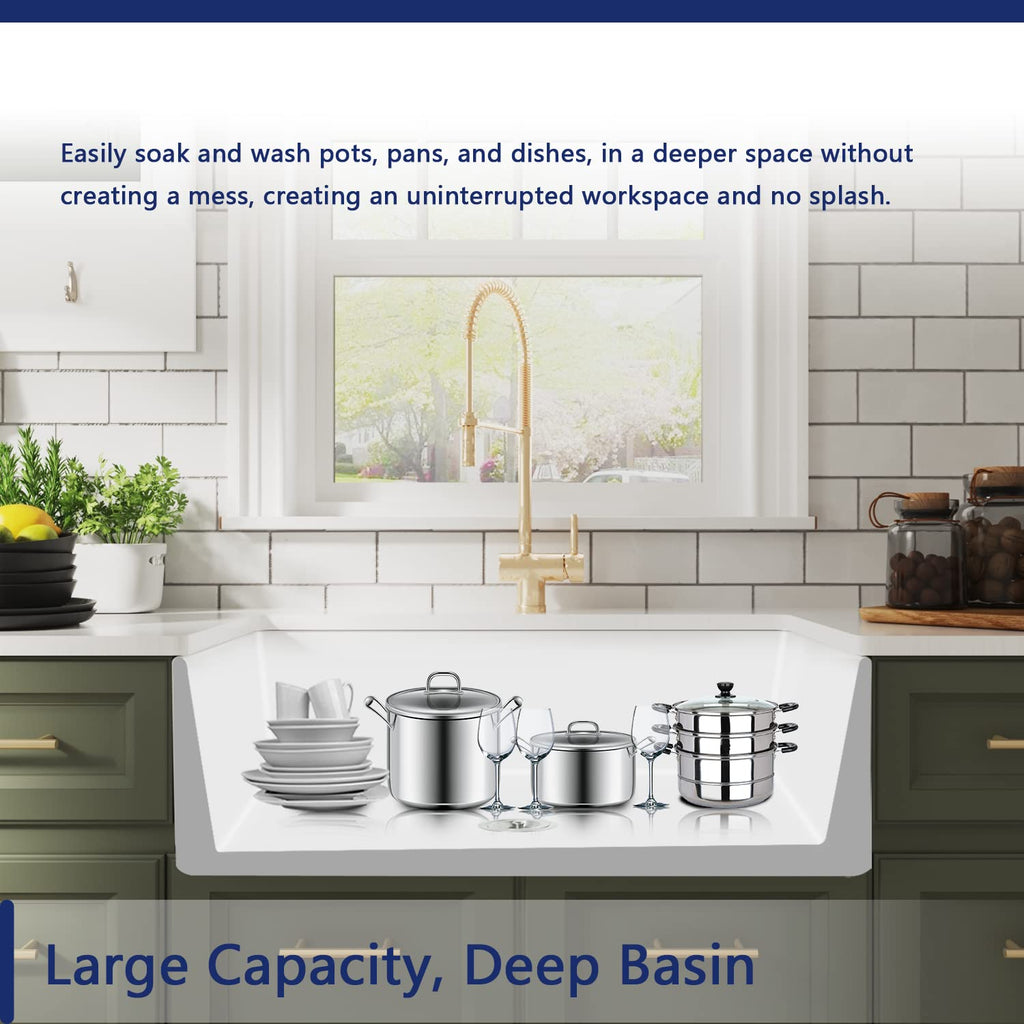 White Kitchen Sink 36 Inch, Fireclay Farmhouse Sink, Apron Front Single Bowl Deep Drop-in Farm Sinks with Grid &