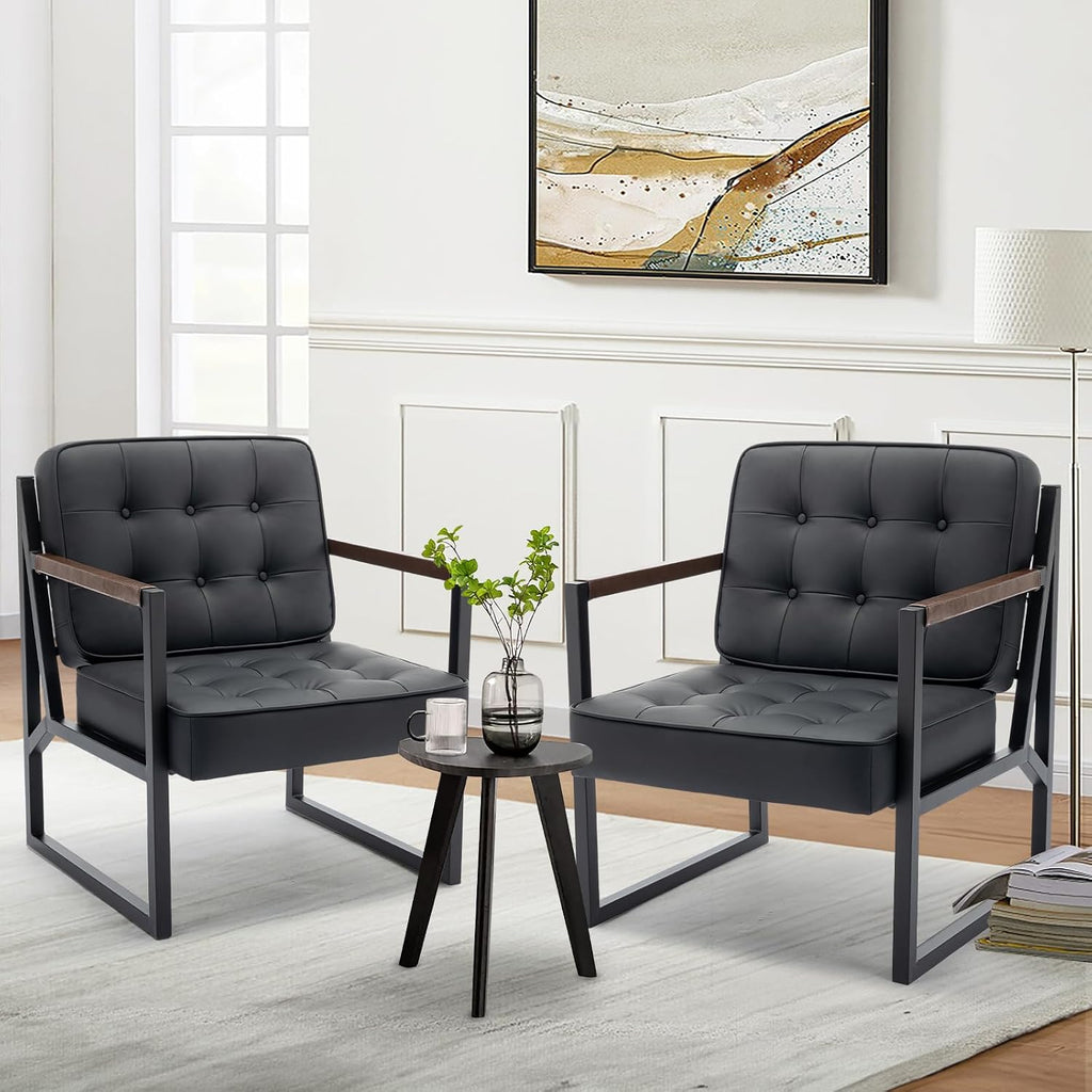 Black Leather Accent Chair, Accent Arm Chair, Comfy Armchair with Metal Legs Bedroom Reception Waiting Room