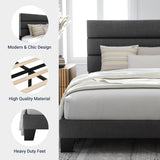 Queen Platform Bed Frame with Fabric Upholstered Headboard and Wooden Slats Support