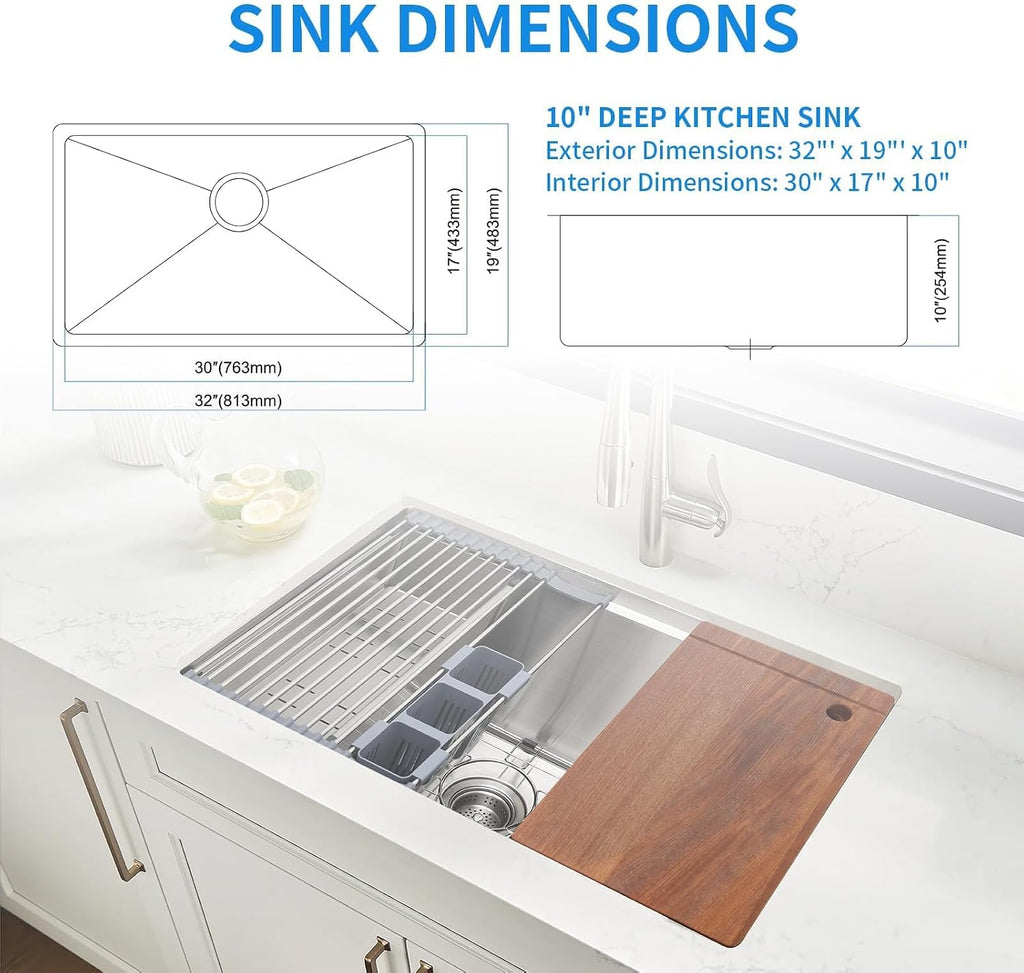 32" x 19" Multifunctional Undermount Workstation Kitchen Sink S304 Stainless Steel Handmade Modern Single Bowl
